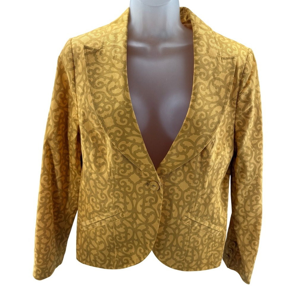 Chadwicks Mustard Yellow Scroll Damask Cotton Blazer Jacket Womens Size 12